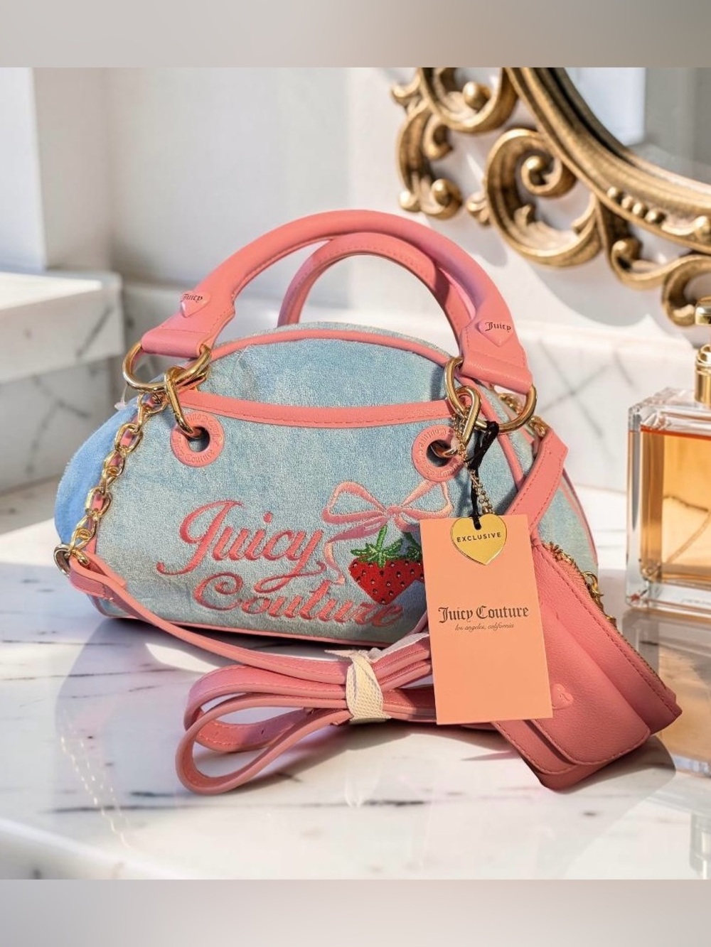 Juicy Couture NWT Classic Juicy Blue & Pink Satchel Pink Strawberry Logo (P251)